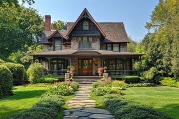 Obraz premium Charming, Spacious Cottage Surrounded by Lush Greenery in a Tranquil Neighborhood During a Cloudy Afternoon