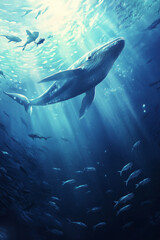 Fototapeta premium Illustration of a majestic whale swimming through the deep ocean, surrounded by schools of smaller fish. The serene blue of the water and the graceful movement of the whale evoke a feeling of wonder