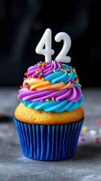 42th birthday. Colored cupcake with whipped cream, sprinkles. candles number 42