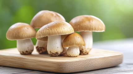 Fresh mushrooms on wooden board, showcasing their natural beauty and earthy tones. Perfect for culinary use or decoration