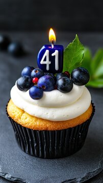 Birthday cupcake with burning "41" candles and fresh berries on a light background for birthday party