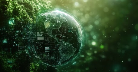 Obraz premium Digitale Erde mit grüner Technologie und Datenvernetzung, Digital Earth with green technology and data network