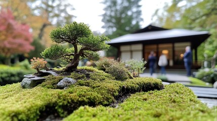 Obraz premium Tiny park with bonsai trees, moss-covered ground, and a cozy house in the background, with people strolling nearby. -