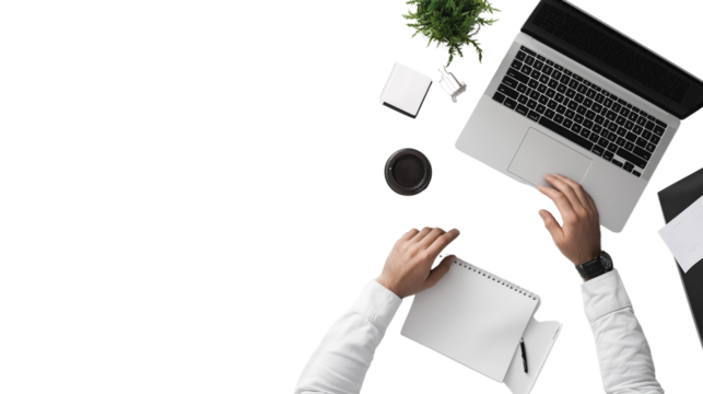 Freelancer working remotely, casual but stylish attire, modern minimalist home office, clean white background, high-resolution, isolated PNG