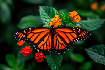 Obraz premium A vibrant Monarch butterfly rests gracefully on bright orange flowers, showcasing its stunning wings against a lush green backdrop, embodying the beauty of nature’s delicate creations.