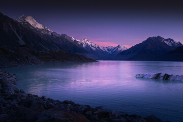 Tasman Glacier under the pink sky