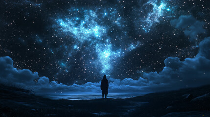 Stargazer's Dream: A solitary figure stands in awe beneath a mesmerizing night sky illuminated by countless stars and cosmic nebulae.