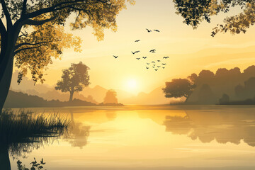 Illustration of a tranquil lakeside at dawn, where the sun is rising slowly over the horizon, casting golden hues over the still water. The reflection of the surrounding trees and birds flying above