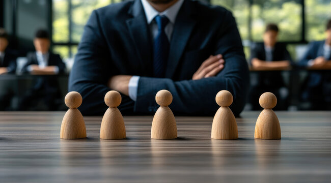 A business leader confidently oversees a discussion with team members represented by wooden figures, highlighting the importance of guidance and strategic thinking in decision-making processes.