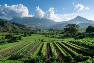 Lush green farmland with neat rows of crops, set in a scenic valley with mountains in the background under a bright blue sky. A concept of sustainable farming and organic agriculture.

