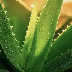 top view aloe vera green leaves with raindrops