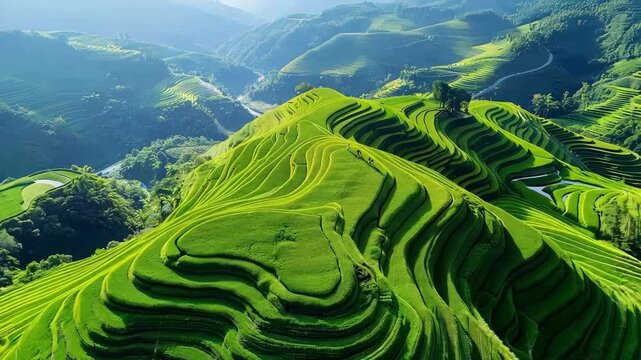 4K绿色山间稻田梯田农业自然景观