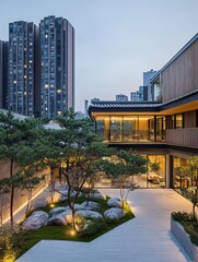 Modern building with garden and skyscrapers in the background