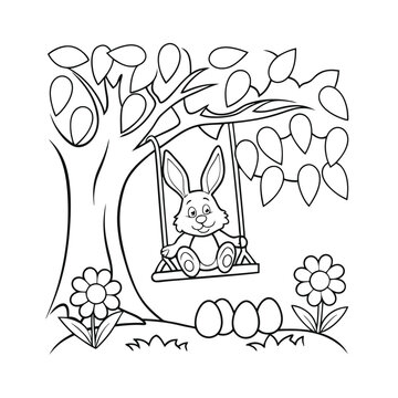bunny on swing under tree coloring page clip art preview