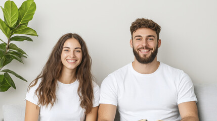 Obraz premium happy couple sitting on sofa, reading book together, enjoying their time