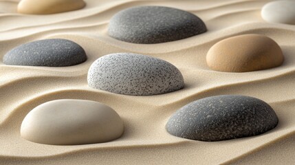 Arranged smooth river stones on soft sand create a calming and organic environment in a meticulous composition by the shoreline