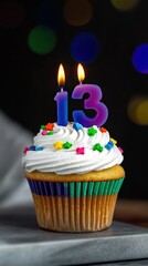 13 birthday colored cupcake with whipped cream, sprinkles, burn candles number 13, bokeh and glitter background effect