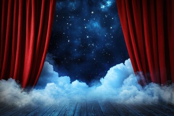 "Curtain to Cosmos: A dramatic scene unfolds as a stage curtain parts to reveal a breathtaking cosmos, inviting viewers into a realm of infinite possibilities and wonder.