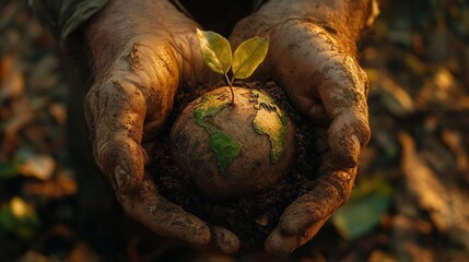 Obraz premium Human hands nurture fragile sapling shaped like Earth's continents amidst sunlight filtered through trees