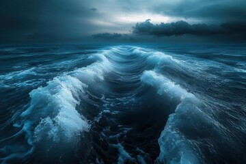 cosmic ocean waves frozen in time bioluminescent waters parting to reveal crystalline pathway mystical atmosphere with ethereal light