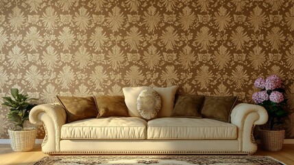 Elegant Living Room with Floral Wallpaper