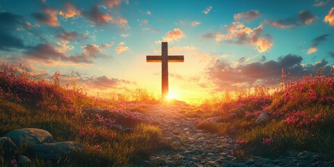 Sunset at a hilltop cross surrounded by flowers creates a serene atmosphere for reflection and peace