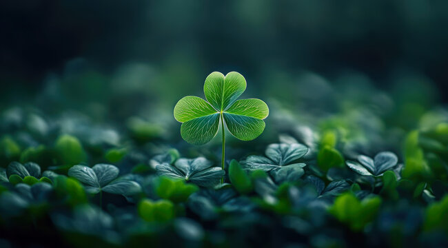 A striking four-leaf clover stands out amidst a sea of lush green foliage, symbolizing luck and nature's beauty in captivating detail and vibrant color.