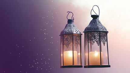 "elegant islamic candlelit lanterns with intricate metal designs for ramadan decor featuring ambient festive lighting and ornate glass craftsmanship under a purple bokeh effect"