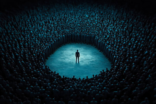 A lone figure stands at the center, encircled by a vast crowd, symbolizing isolation and the struggle for individuality in a conformist society.