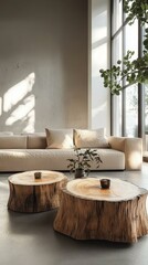 Modern Minimalist Living Room with Natural Wood Coffee Tables