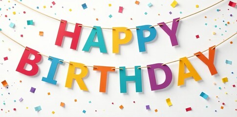 Colorful happy birthday flags banner with confetti on white background, banner, colorful