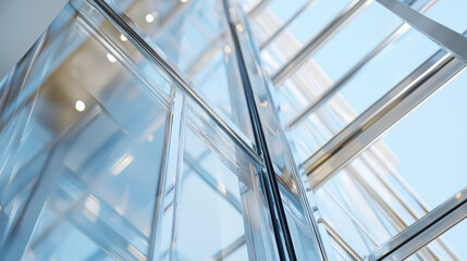 Modern glass architecture with reflections and blue sky