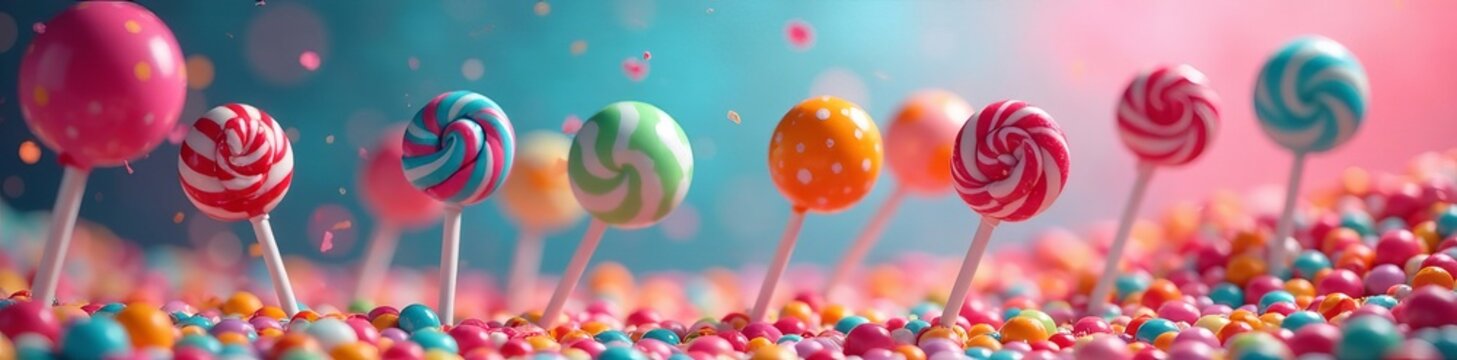 Colorful lollipops on a vibrant candy world background, treats, lollipop