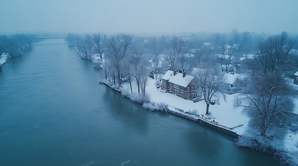 The snowy river scene with a house and bridge in winter
