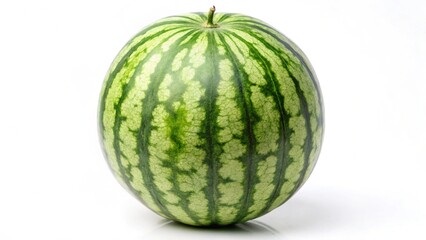A single, round watermelon with a green and white striped exterior and a brown stem is centrally positioned against a white background, showcasing its vibrant color and texture