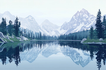 Fototapeta premium Illustration of a serene lake with crystal clear water reflecting the surrounding mountains and trees. The stillness of the lake creates a feeling of tranquility, while the distant peaks add grandeur