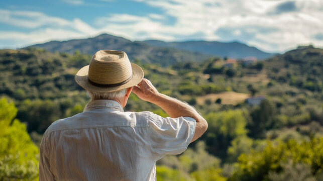 Elderly man with straw hat shielding his eyes from the sun while observing his crops in a rural landscape - Powered by Adobe