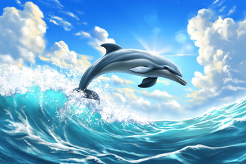 Illustration of a playful dolphin leaping out of the ocean waves, with a bright blue sky and fluffy clouds overhead. The joyful energy of the dolphin and the refreshing ocean atmosphere create a