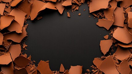 Dark background with a frame of broken milk chocolate pieces. Delicious and tempting!