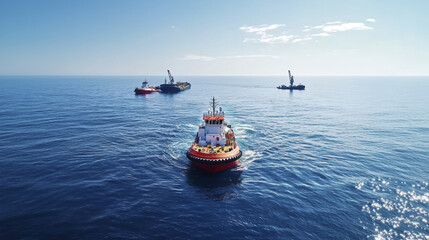 Obraz premium tugboat navigates calm ocean waters, surrounded by support vessels under clear sky