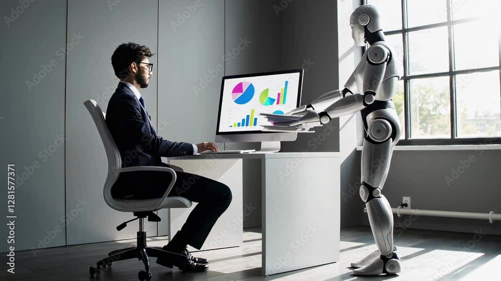 Poster Humanoid robot delivering document to manager working at computer, showcasing technological collaboration in modern office environment through slow motion sequence