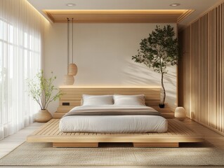 A modern minimalist bedroom with soft lighting and natural elements