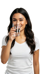 Smiling woman holding a glass of water, drinking water isolated on White background © Laki