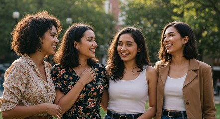 Obraz premium Diverse group of young women walking and talking in park, multi-ethnic friends laughing and enjoying time together outdoors, concept of friendship and diversity, urban lifestyle