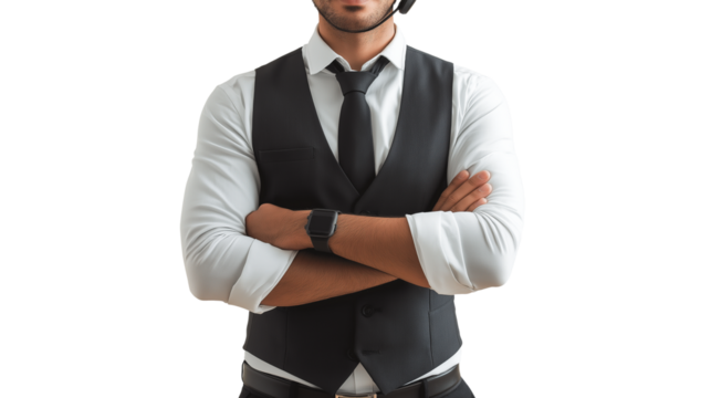 Customer service representative, friendly and inviting, stylish business attire, high-resolution, isolated PNG