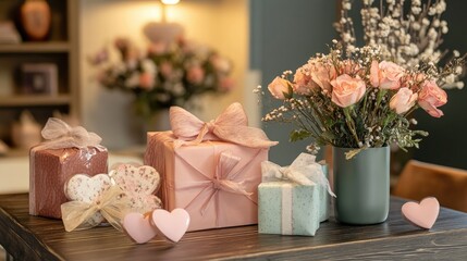 A table prepared with love-themed decor and gifts