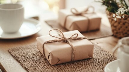 A table setting with a small wrapped gift at each place