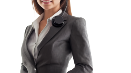 Customer service representative, friendly and inviting, stylish business attire, high-resolution, isolated PNG