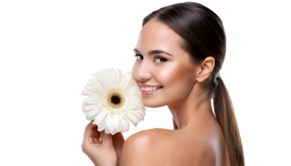 Portrait of a smiling beautiful woman holding a flower with perfect skin, concept of beauty, body and skin care, isolated on transparent background