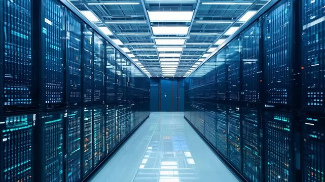 A guided tour through a state-of-the-art data center showcasing rows of servers and high-tech equipment. The environment highlights advanced computing facilities.